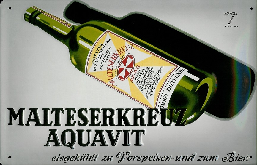 Blechschild Malteserkreuz Aquavit Flasche retro Schild Nostalgie Werbeschild