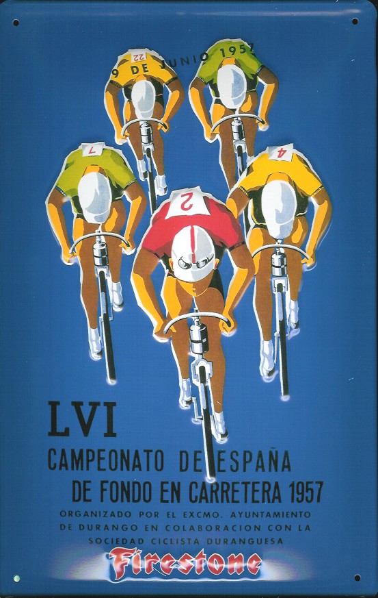 A717-LVI-Firestone-Radrennfahrer Blechschild Nostalgieschild Firestone Radrennen Spanien