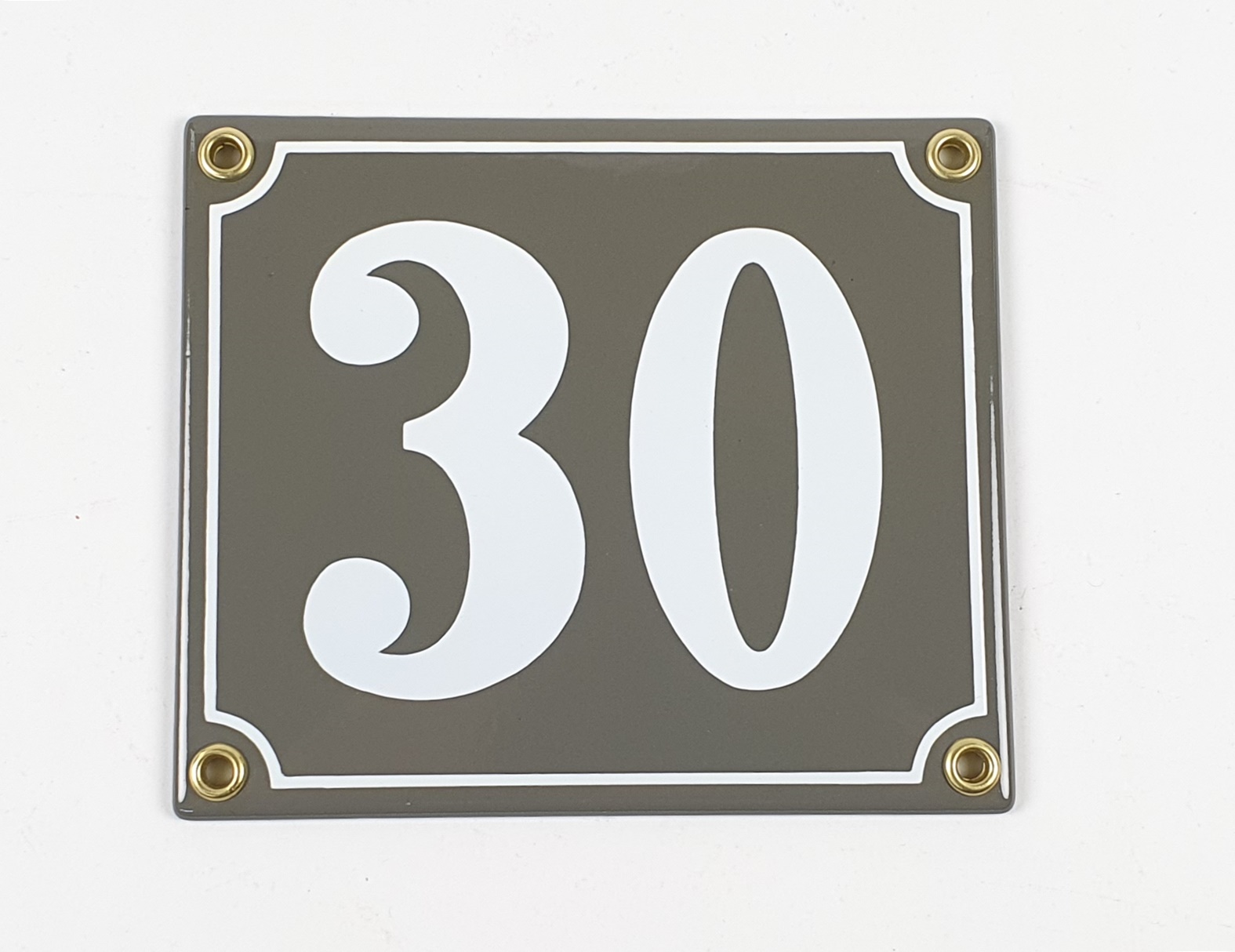 schild-grau-30 Hausnummernschild 30 grau/weiß Clarendon 14x12 cm Emailleschild