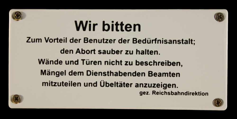 eisenbahn-schild-beduerfnisanstalt-benutzer Eisenbahn Schild Wir bitten zum Vorteil der Benutzer der Bedürfnisanstalt