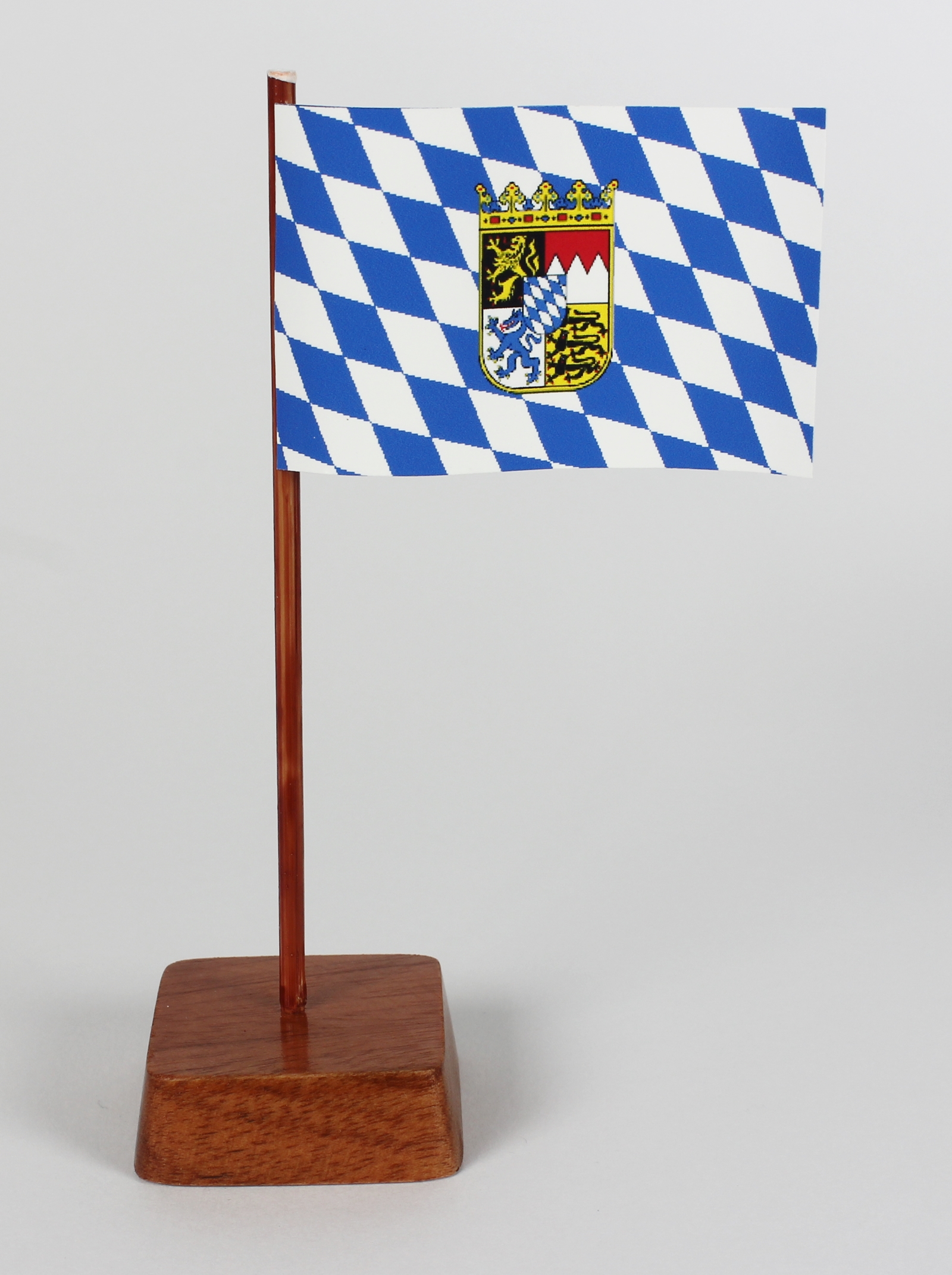 Mini Tischflagge Bayern mit Wappen und Raute Höhe 13 cm Tischfähnchen