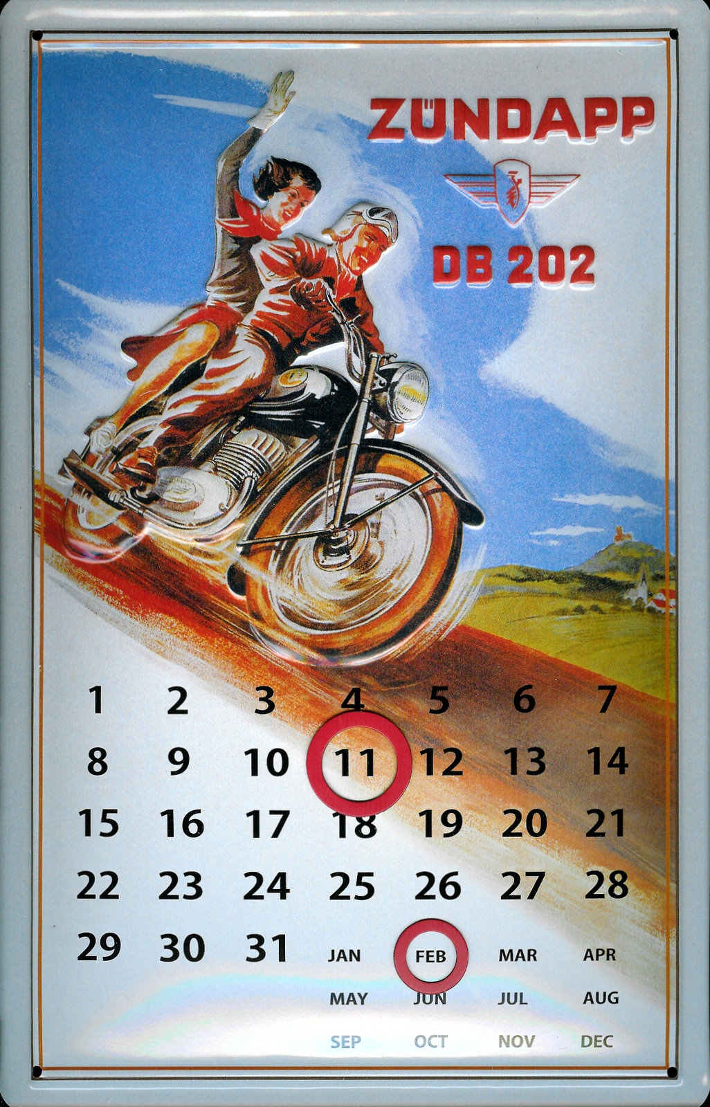 B864-Z-ndapp-DB202 Blechschild Zündapp Moped Sozius Motorrad Magnet Kalender Schild Dauerkalender