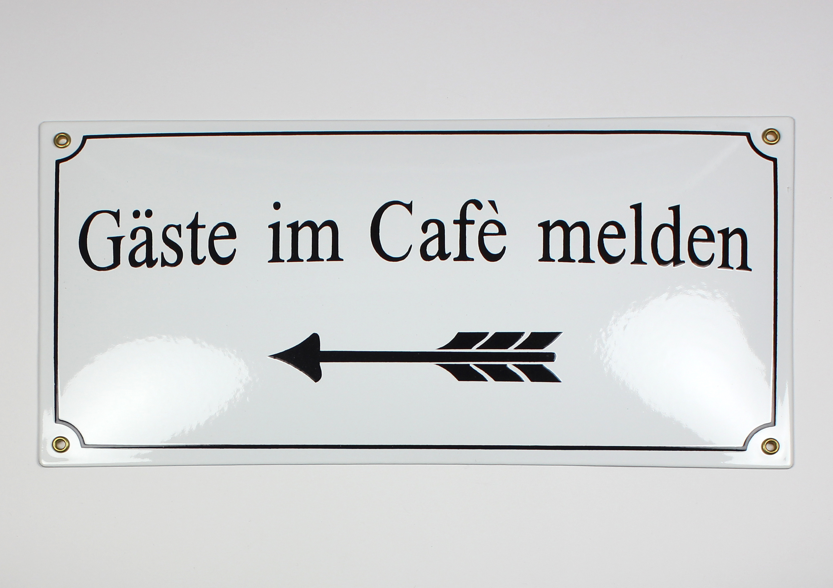 G-steimCafemelden Gäste im Café melden Pfeil links 40x20 cm Emailleschild