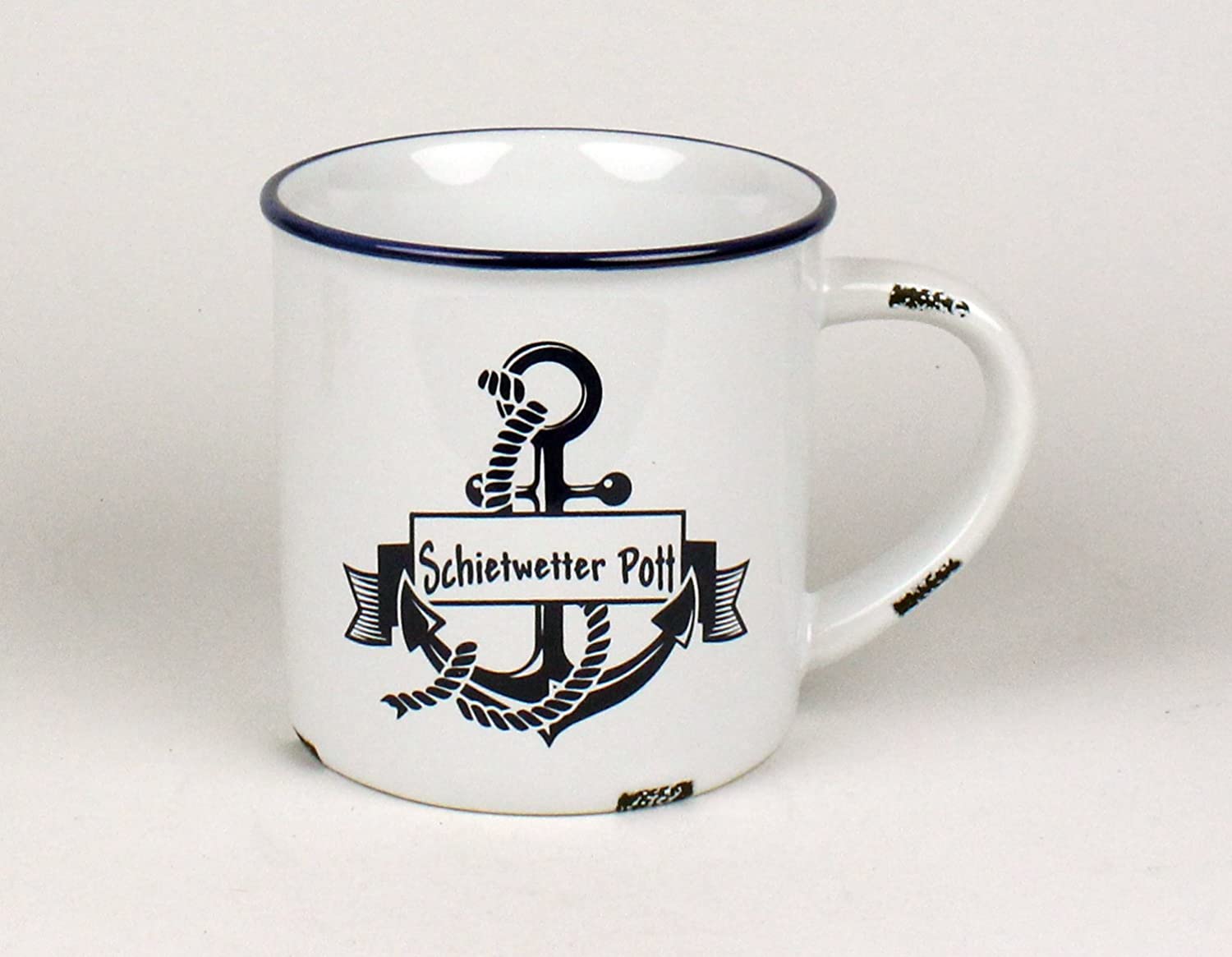 Rusty Becher Schietwetter Pott Anker Kaffeebecher Kaffeepott weiß BLAU Emaille-Optik Tasse