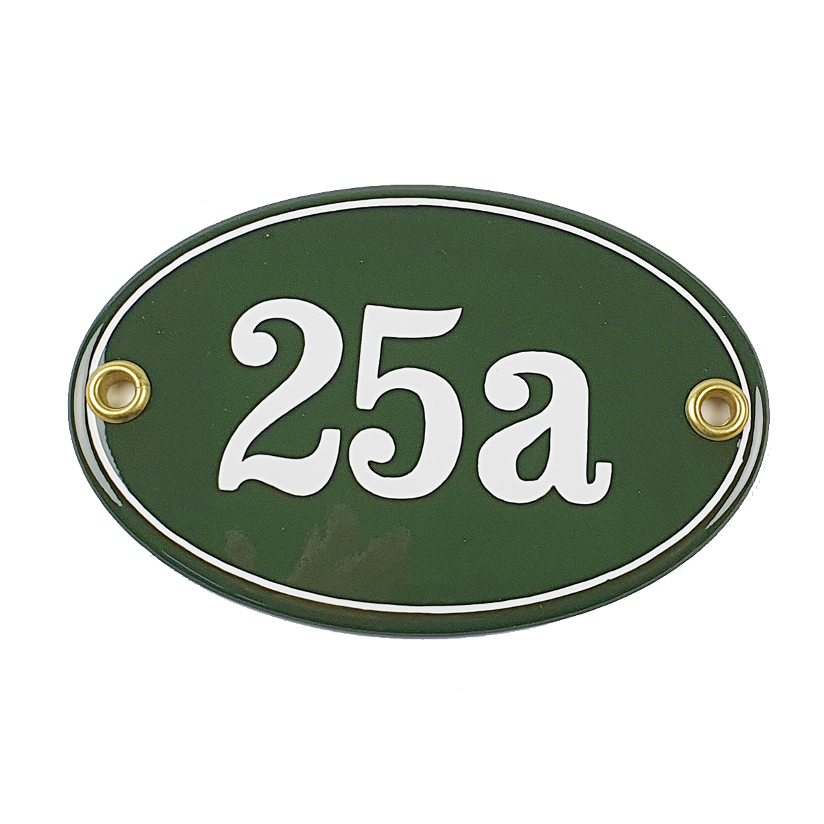 Hausnummernschild 25a grün oval 10,5x7 cm Emailleschild