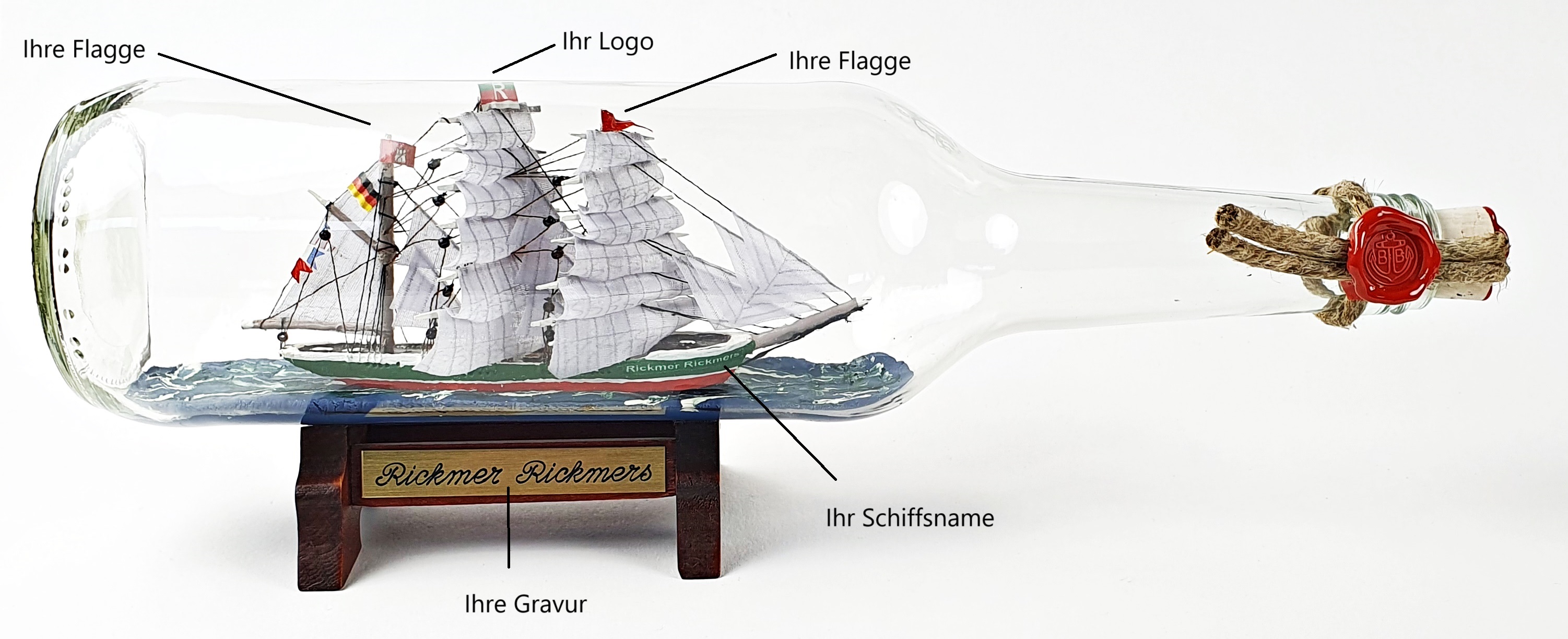 Buddelschiff -Rickmer Rickmers- 700 ml runde Flasche Flaschenschiff individuell nach Ihren Wünschen