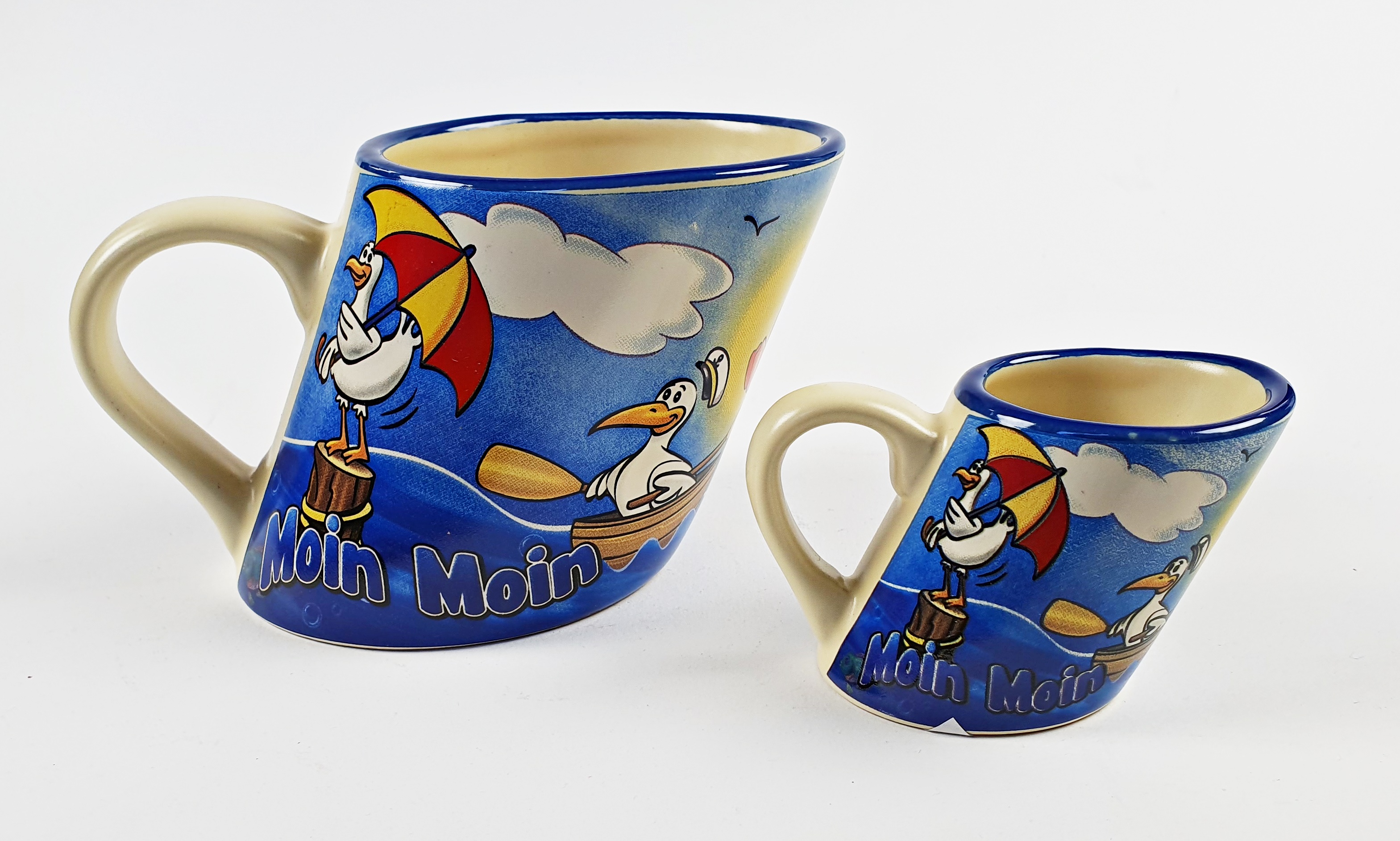 Schräger Becher + Mini Becher 2er Set Moin Moin schiefe Tasse Robbe Leuchtturm Möwe Souvenir