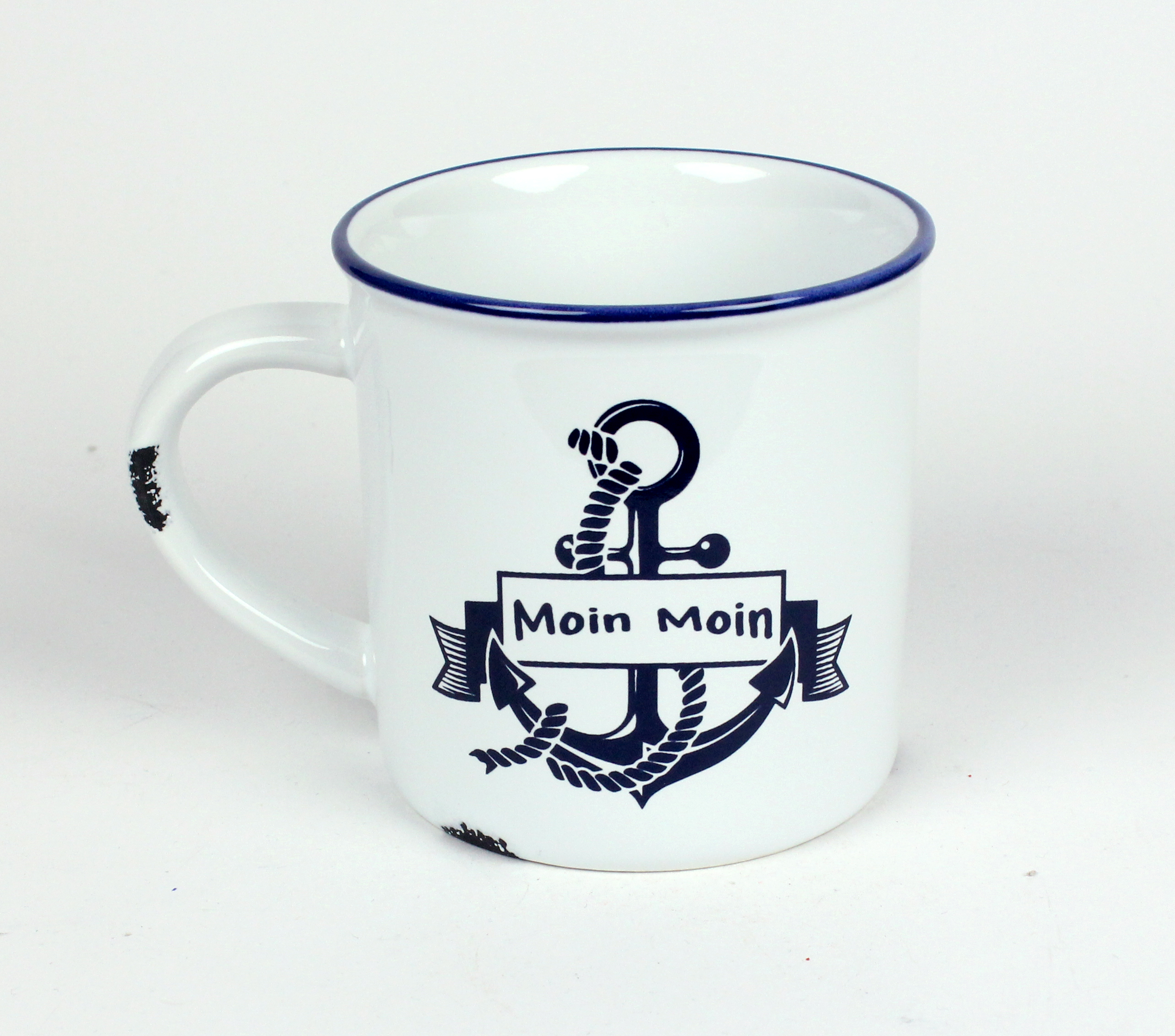 Rusty Becher Moin Moin Anker Kaffeebecher Kaffeepott weiß BLAU Emaille-Optik Tasse