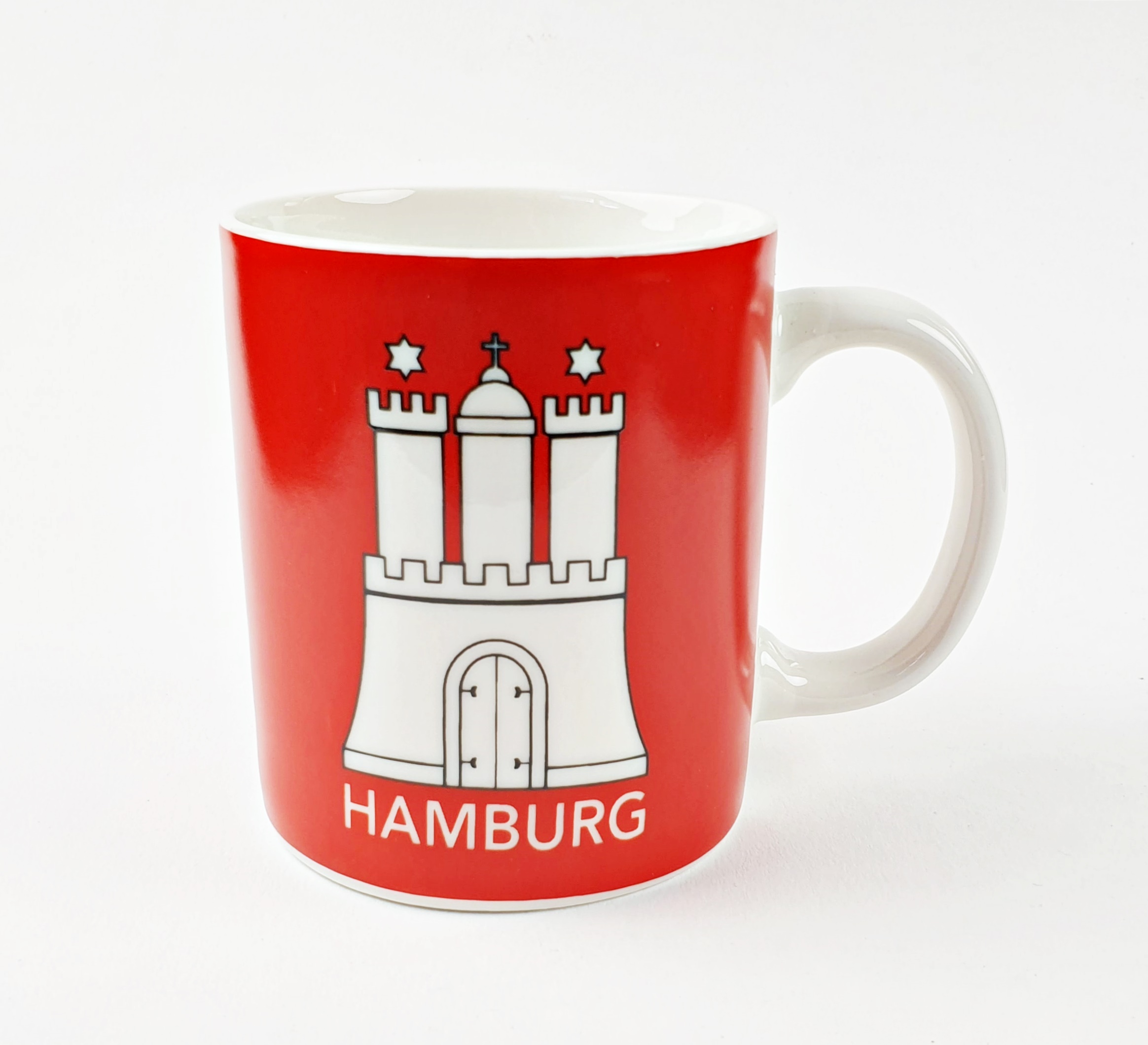 Hamburg Becher Skyline mit Hamburger Wappen rot Kaffeebecher Kaffeetasse Kaffee Pott