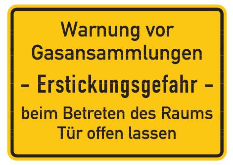 Aluminium Schild Warnung vor Gasansammlungen - Erstickungsgefahr - beim Betreten des Raums Tür offen