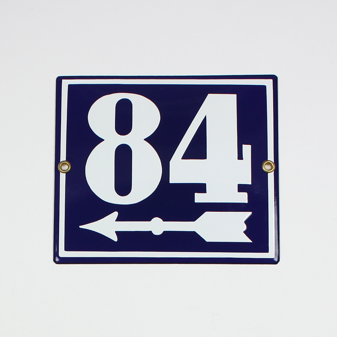 Hausnummernschild 84 Pfeil links blau 16x14 cm Emailleschild