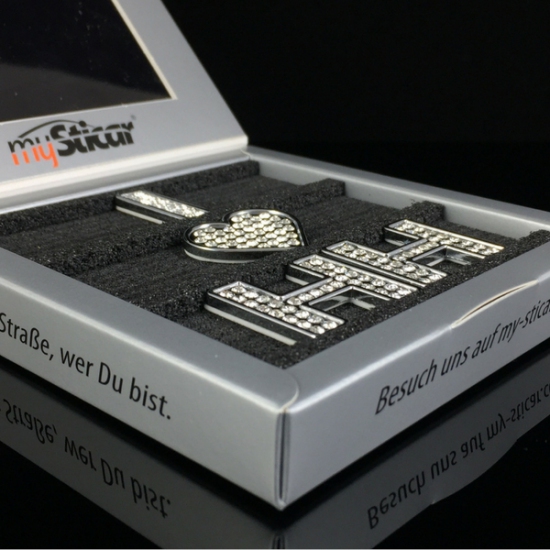 9072_1479986911252 Qualitäts 3D Autoaufkleber "I love Hamburg" mit Strass veredelt Metall verchromt Emblem Silber Stick