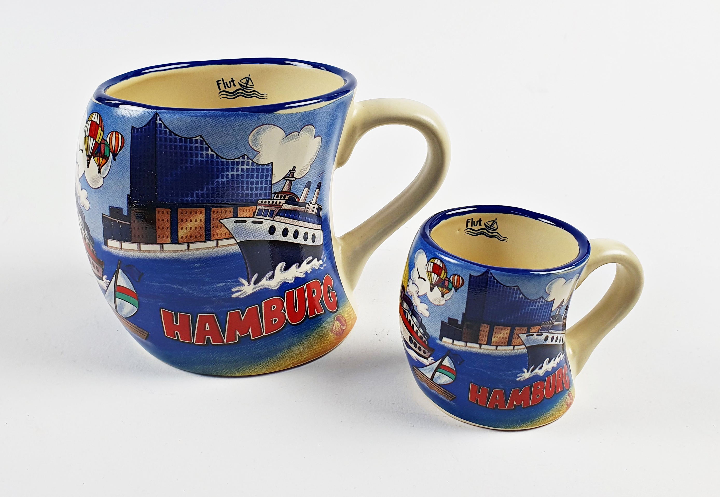 Schräger Becher bauchig + Mini Becher 2er Set Hamburg schiefe Tasse Elphi Rathaus Möwe Souvenir
