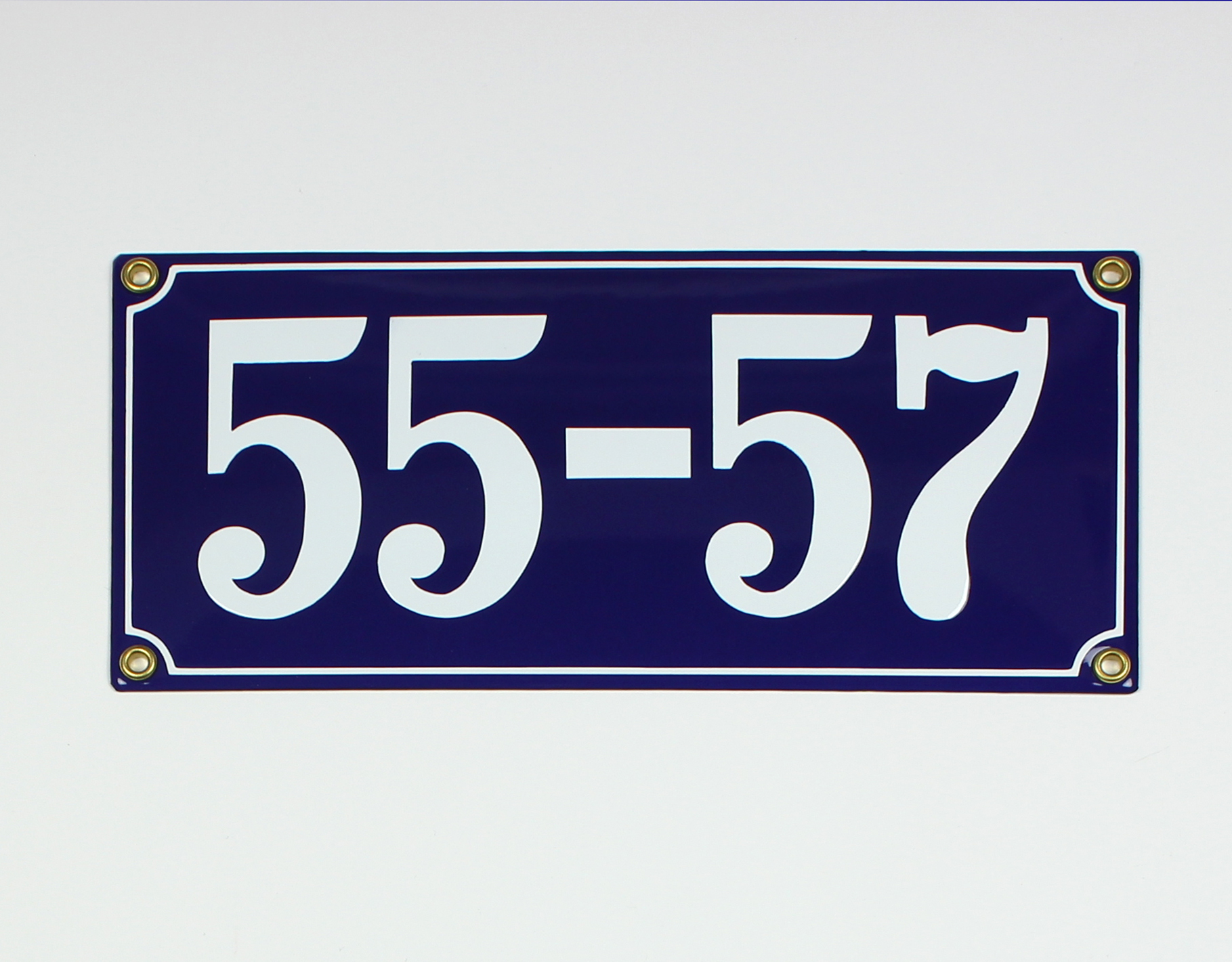 Hausnummernschild 55-57 blau Clarendon 26x12 cm Emailleschild