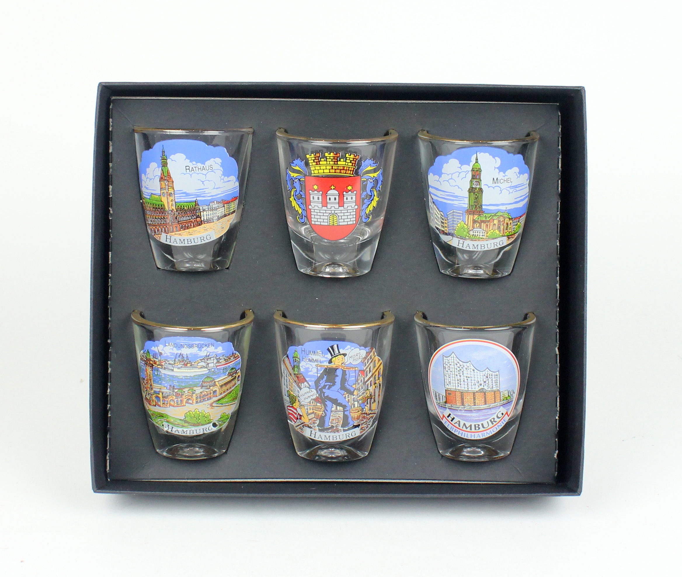 Schnapsglas 6er Set Hamburg Michel Rathaus Landungsbrücken Elphi Hummel Hamburger Wappen Kurze Gläse