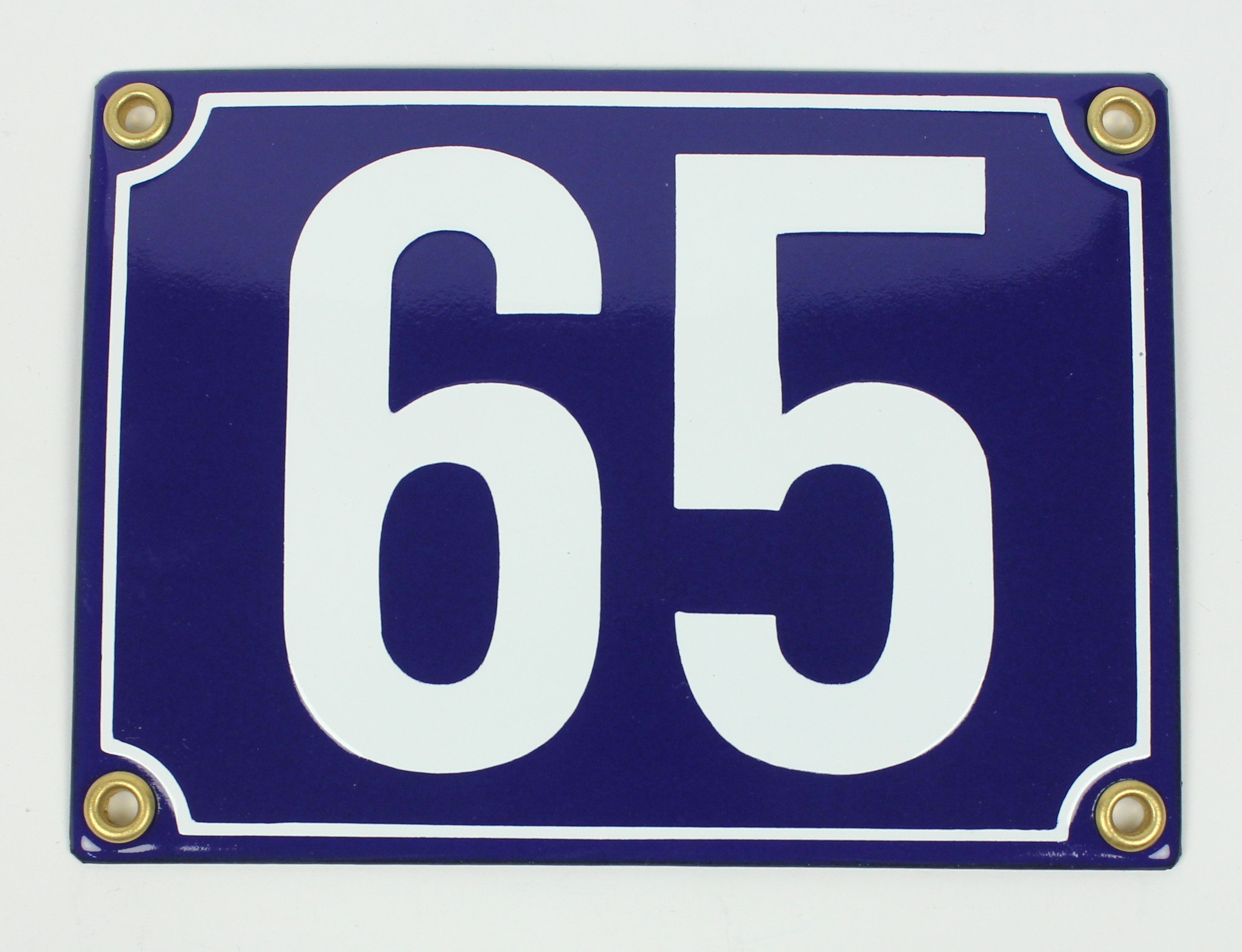 Hausnummernschild 65 blau Blockschrift 15x11 cm Emailleschild