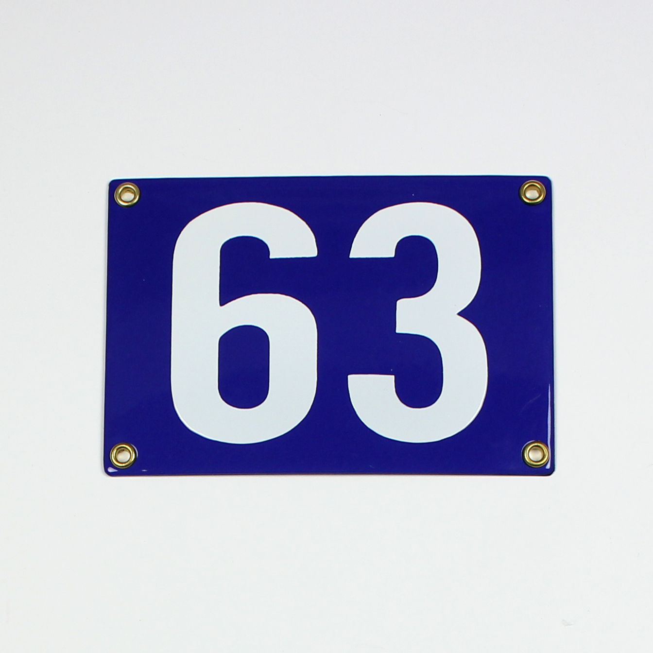 Hausnummernschild 63 blau Blockschrift 16x11 cm Emailleschild