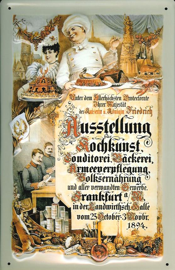 Blechschild Kochkunst Ausstellung Frankfurt 1894 Volksernährung Schild