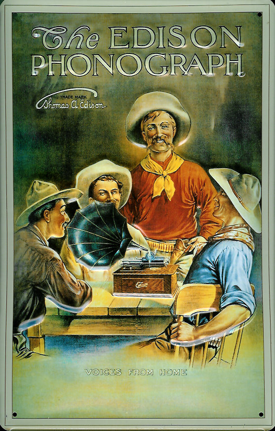 A869-EDISON-Cowboy-s Blechschild Nostalgieschild The Edison Phonograph Cowboy