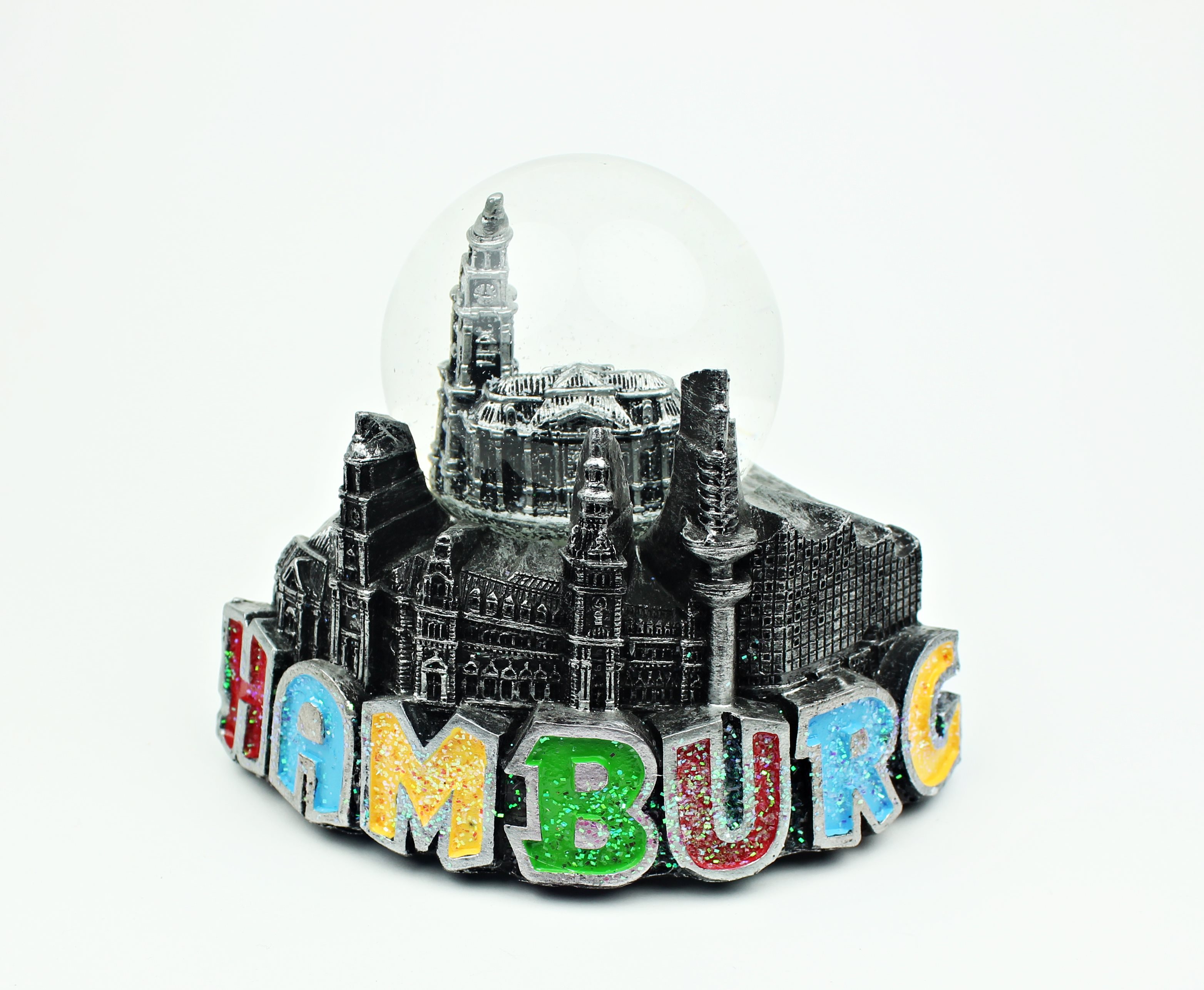 Schneekugel-Michel Schneekugel Metall-Optik mit Hamburg Michel Michaeliskirche Schüttelkugel Glitzerkugel Andenken