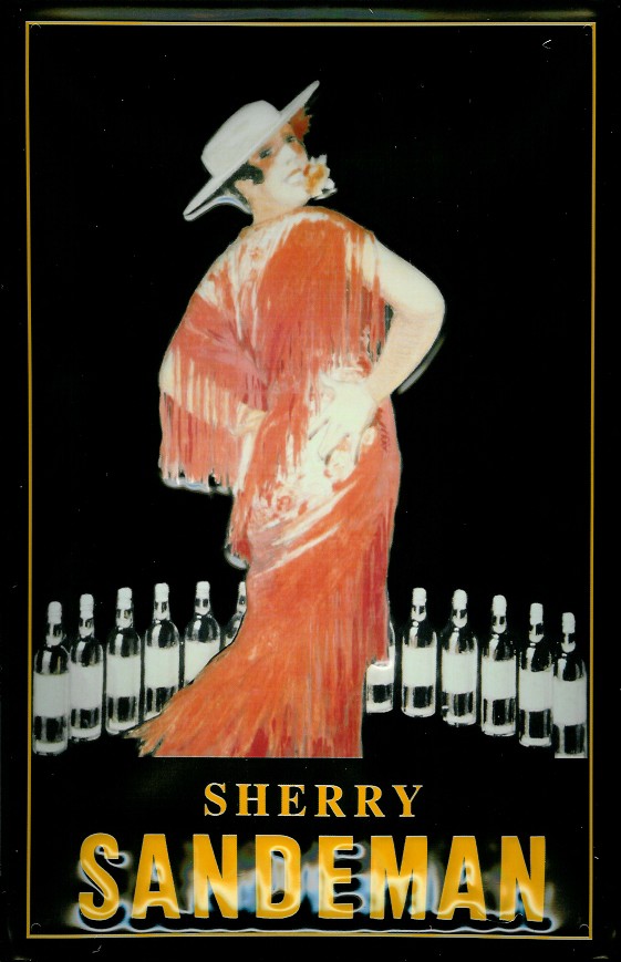 Blechschild Sandeman Sherry Frau rotes Kleid retro Schild Nostagieschild