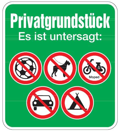 as1112_51 Aluminium Schild Privatgrundstück Hunde Motorräder Autos Zelte Fußball untersagt 500x450 mm geprägt
