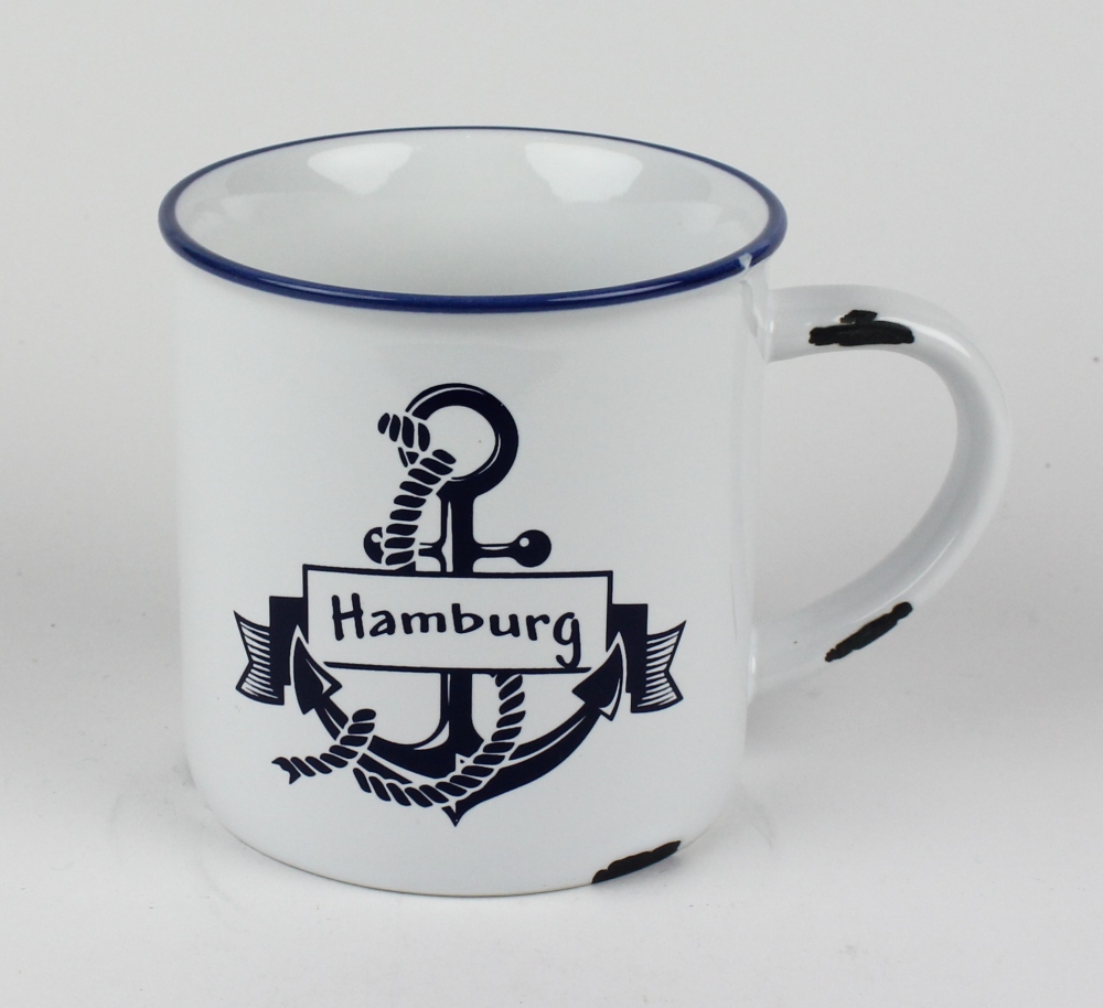 Rusty Becher Hamburg Anker Kaffeebecher Kaffeepott weiß BLAU Emaille-Optik Tasse