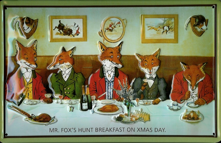 B435-MR-Fox Blechschild Fox Hunt Breakfast Füchse am Tisch Blech Schild Souvenir Andenken