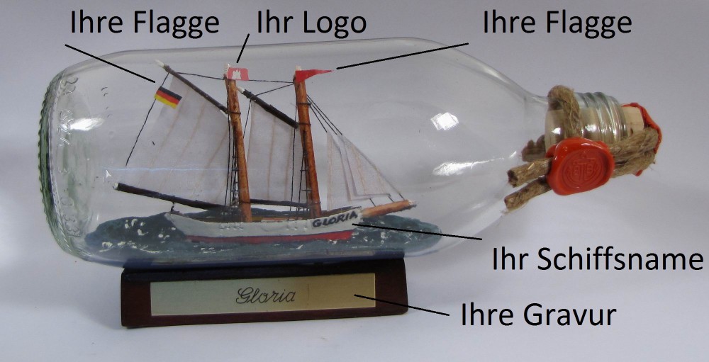 Buddelschiff 330 ml runde Flasche Flaschenschiff individuell nach Ihren Wünschen