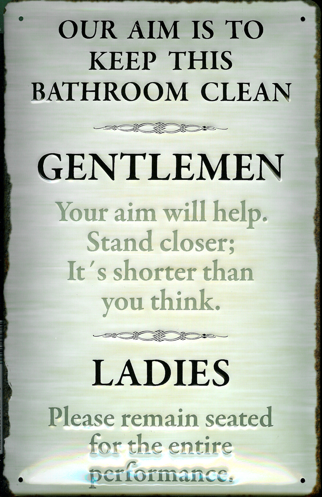B938-Our-Aim-is Blechschild Klo Ordnung Kloschild Englisch WC Toilette Schild Metallschild