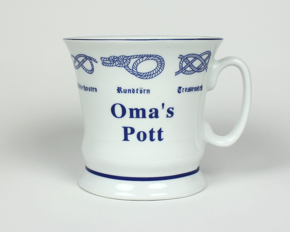 Omas-Pott_hoch Knotenbecher Oma´s Pott mit Seemannsknoten hoch Kaffeebecher Kaffeetasse Kaffee Pott